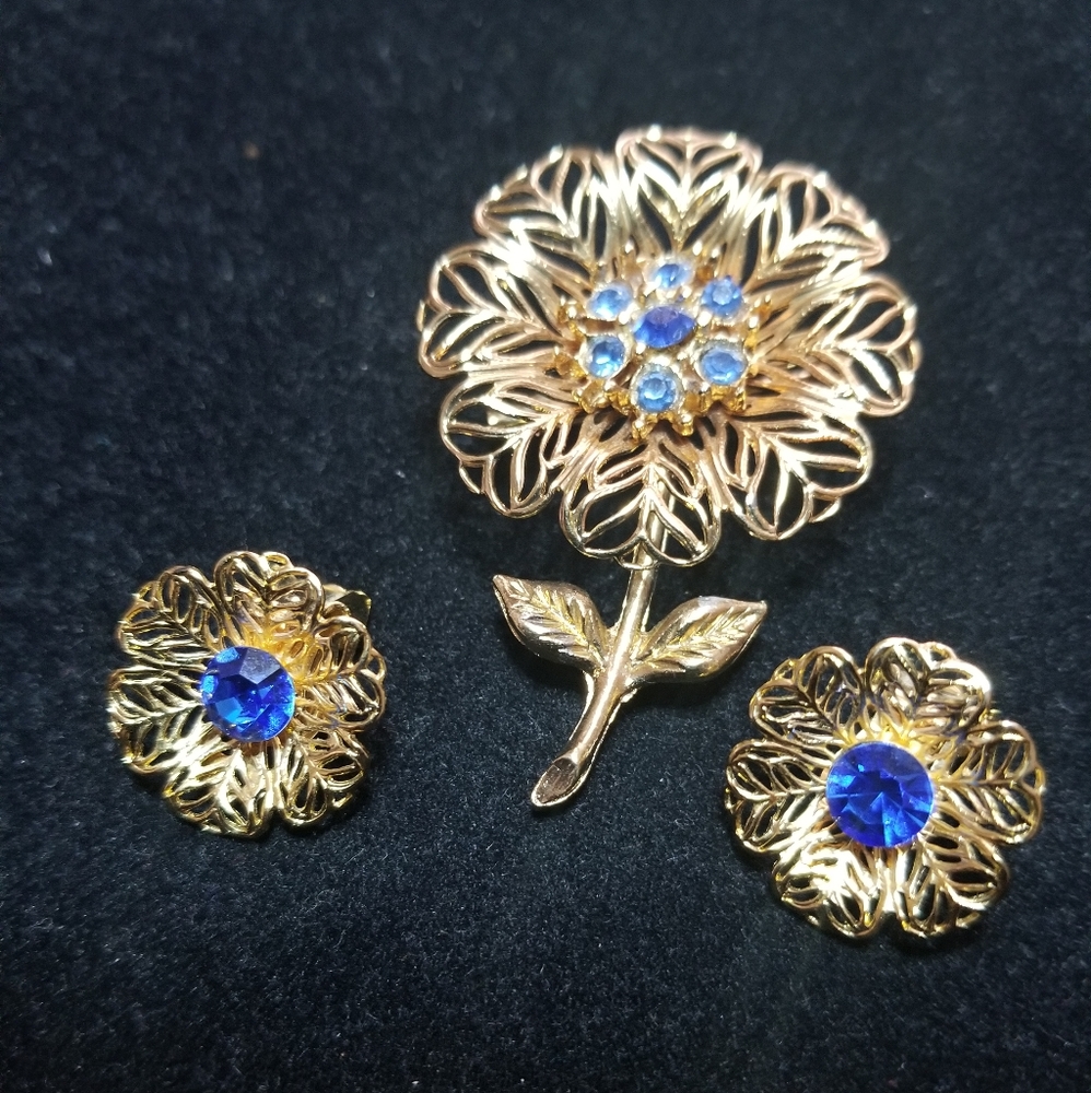 Stunning Vintage Blue Saphire Earrings and Brooch!